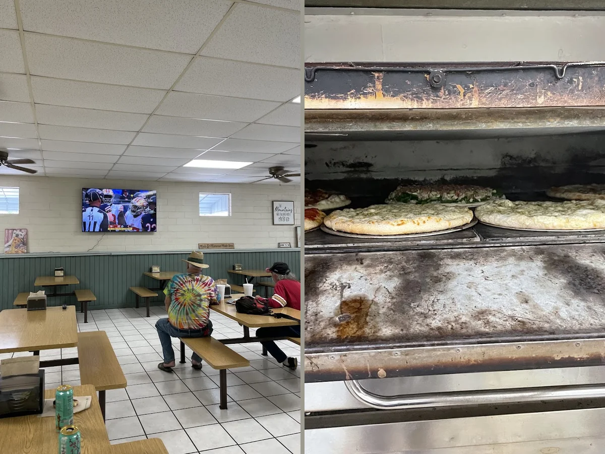 Counter service area in a casual pizza spot.