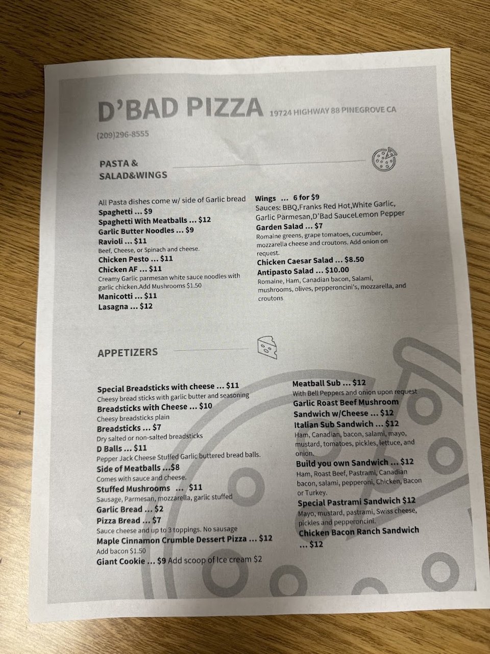 Pasta menu page from a pizza restaurant.