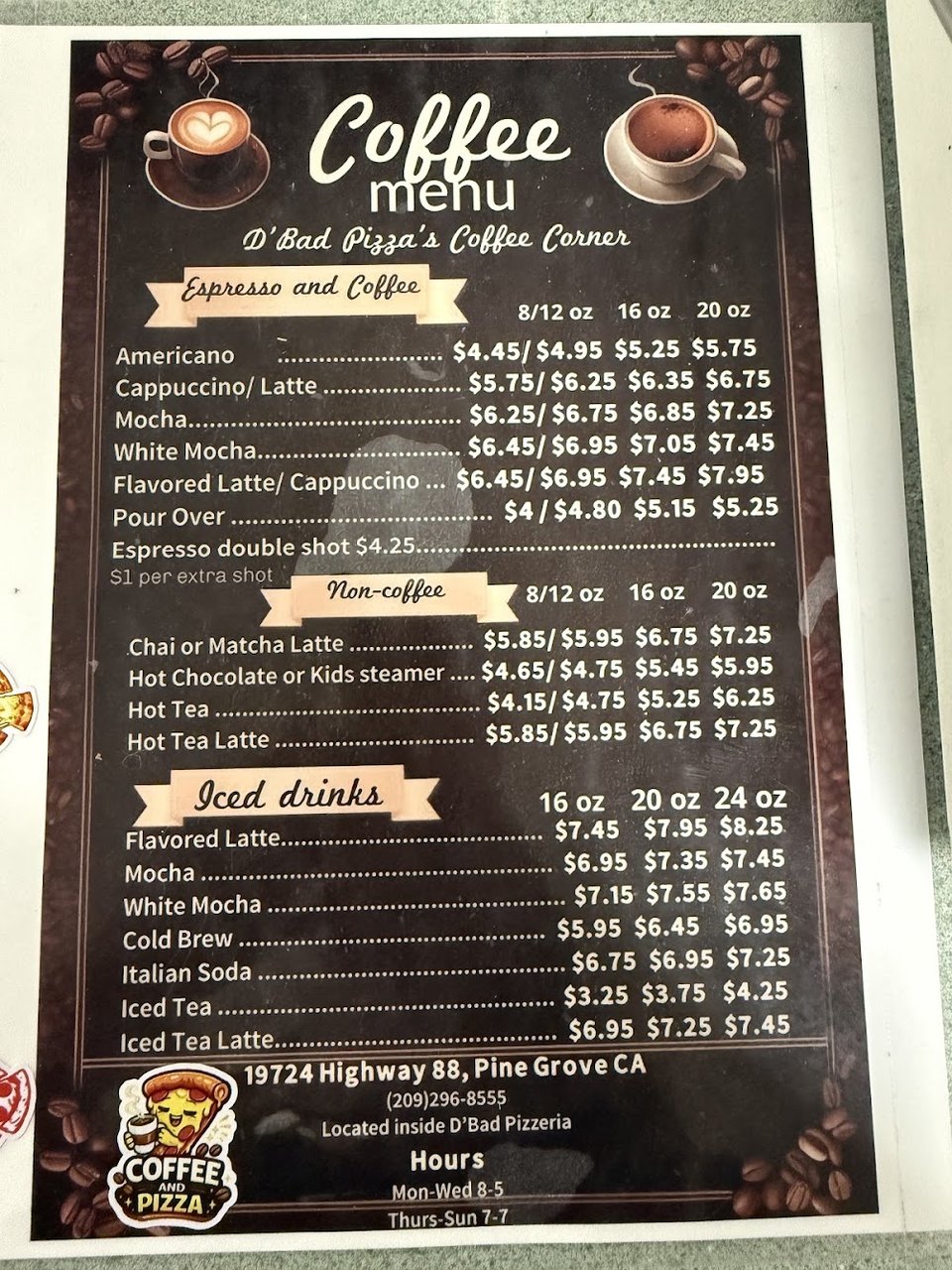 Restaurant menu showing pasta and comfort food.