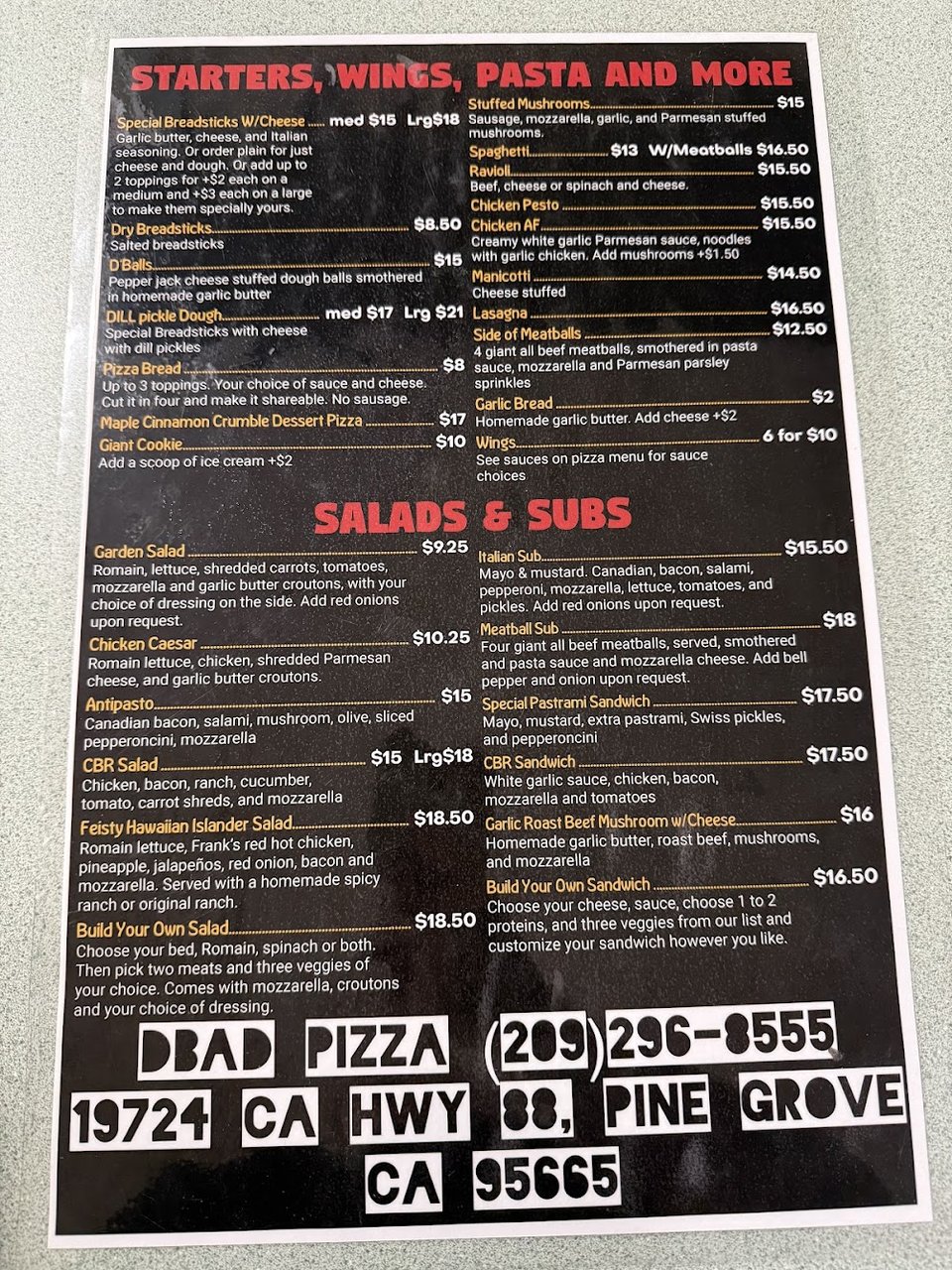 Printed menu for dine-in, takeaway, and delivery.